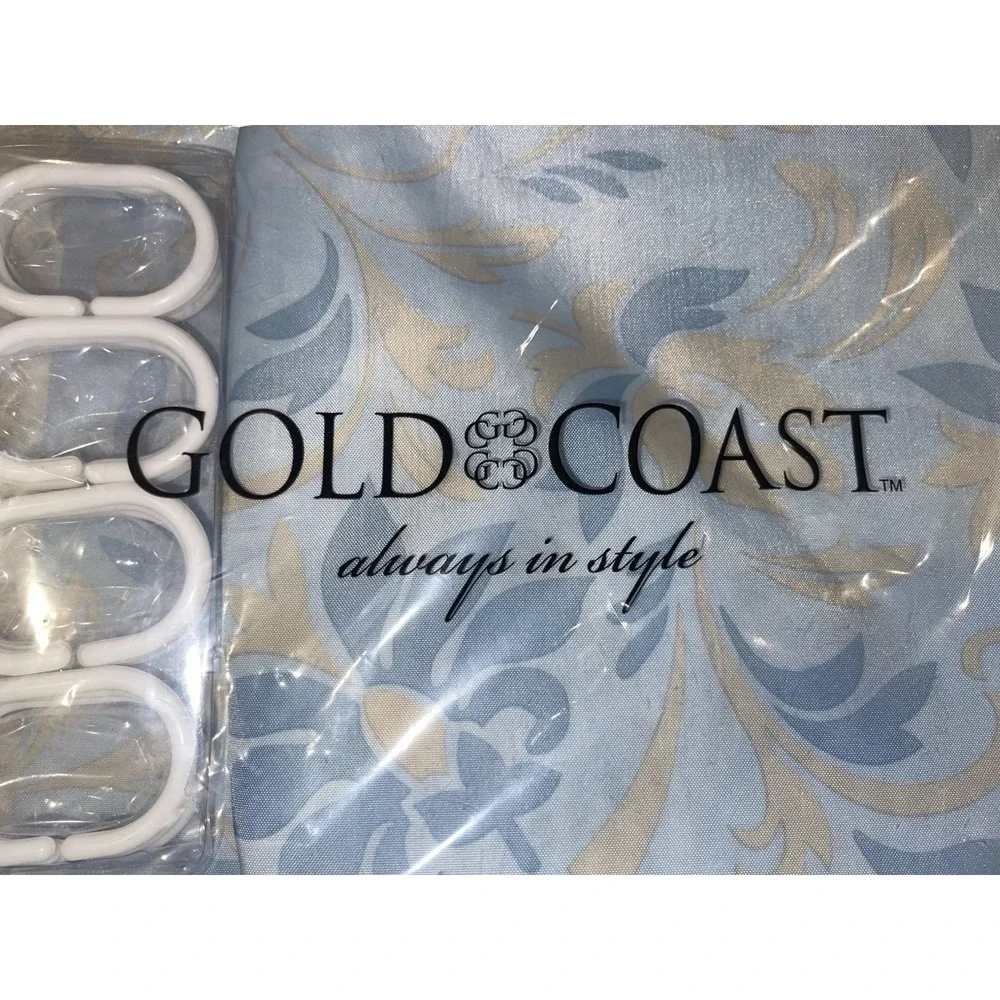 Vintage Gold Coast Blue Beige White Shower Curtain & Hooks Set‎ 13 Piece NEW